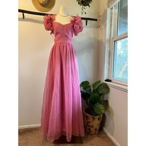 USA Made Vintage 1960s Union Made Pink Ruffle Gown Prom Dress Size Small